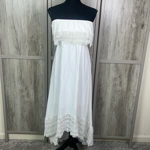 Solitaire Swim Cover Up White Crocheted High Low Beach Strapless Dress Women's M